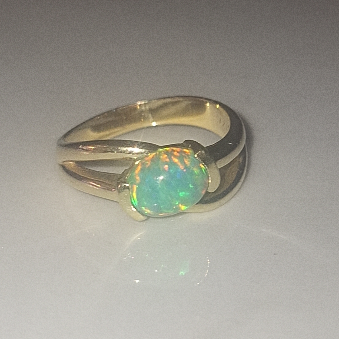 Opal Cabochon Gold Ring - Green Multi-Flash